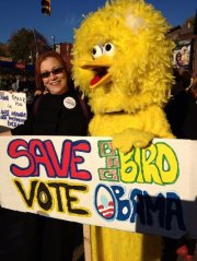 Jeanne Clark rallying for Obama  (& Big Bird)