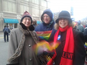 Laura (l) was bundled up for the marriage equality rally in March. 
