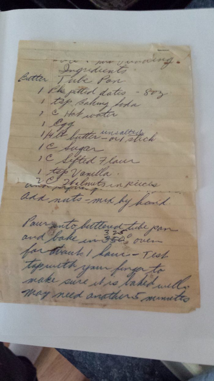 Date Nut Pudding Handwritten Recipe