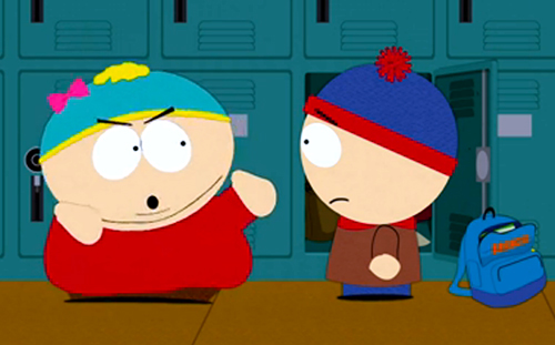 Eric (temporarily "Erica") Cartman confronts Stan Marsh in a scene from South Park's "The Cissy."