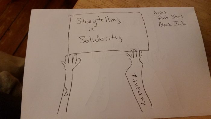 My horrible attempt to illustrate a protest sign held by two different hands/arm with an #AMPLIFY tattoo and a pink triangle tattoo.
