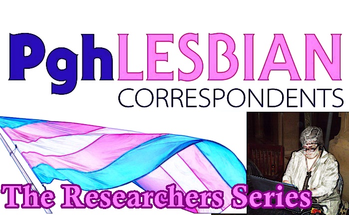 The image combines the logo for the blog Pittsburgh lesbian correspondents with a photograph of a woman blogging and a transgender pride flag