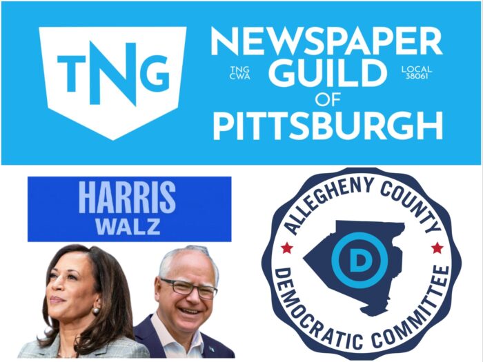 Logos of Harris Walz, ACDC, and Newspaper Guild of Pittsburgh