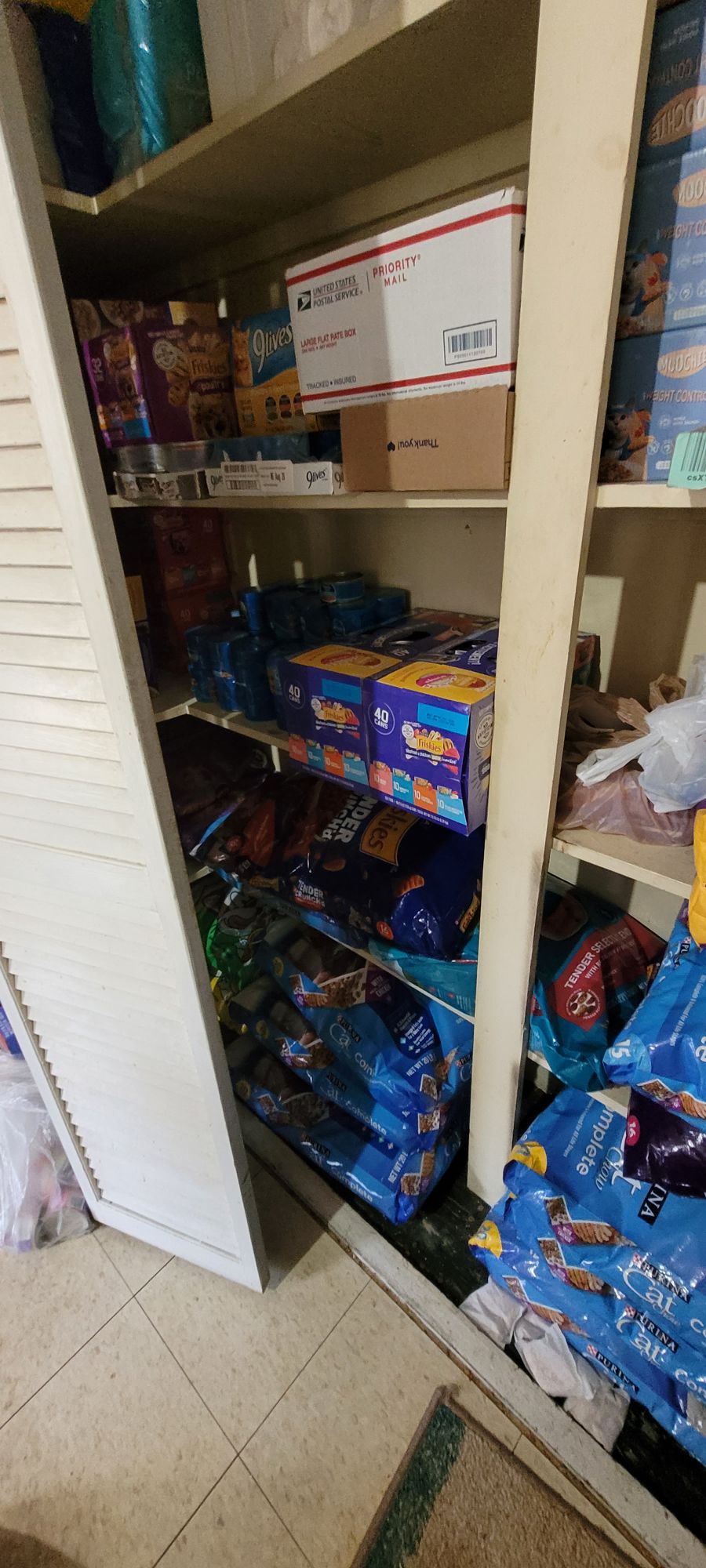 kitchen shelves with bgs and cartos of cat food