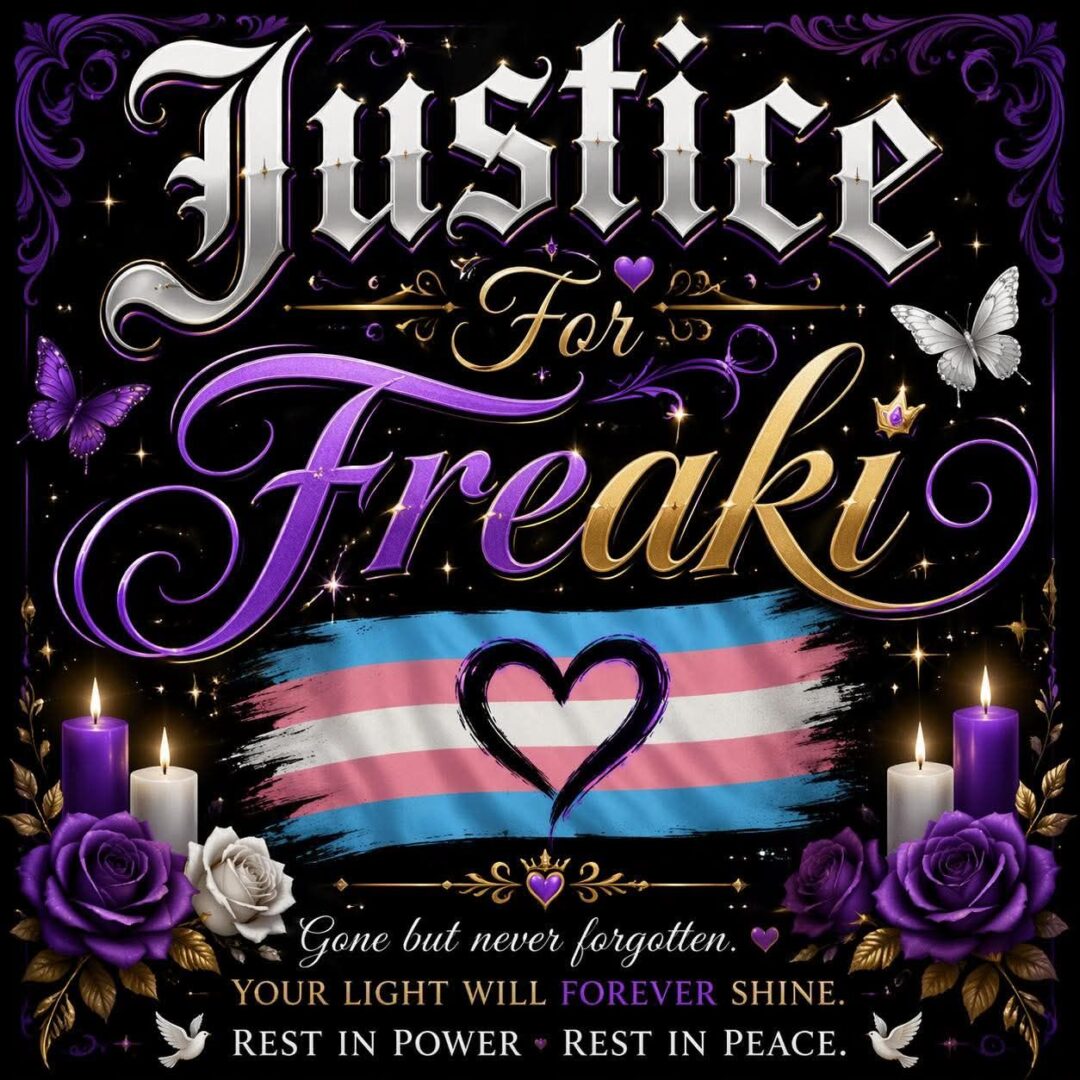 Post reads Justice for Freaki with a trans pride flag, candles and gold and purple accents.